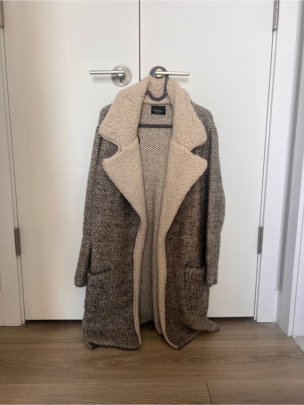 Zara Brown & Cream Sherpa-Trim Knit Coat